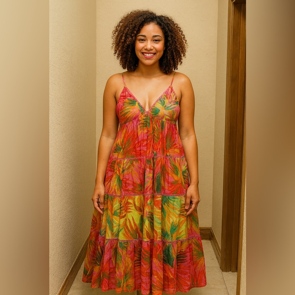 Farm Rio Maxi Dress Size- Large ,Tropical Print, Beach Ready, Resort Wear - Picture 7 of 11